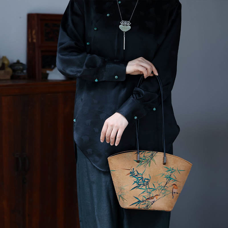 Vintage Bamboo Magpie Peony Butterfly Large Capacity Shoulder Bag Handbag