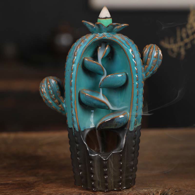 Handmade Cactus Ceramic Backflow Smoke Fountain Incense Burner
