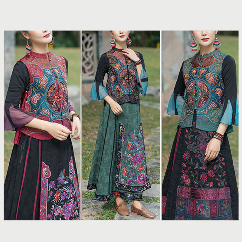 Vintage Style Embroidery Flower Tang Suit Design Sleeveless Vest