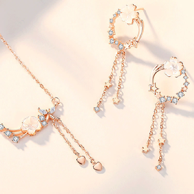 925 Sterling Silver Flower Butterfly Love Necklace Pendant Earrings Set