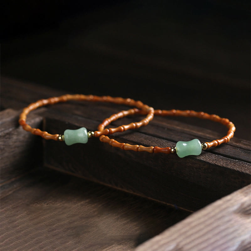 Natural Olive Pit Green Aventurine Bamboo Pattern Luck Bracelet