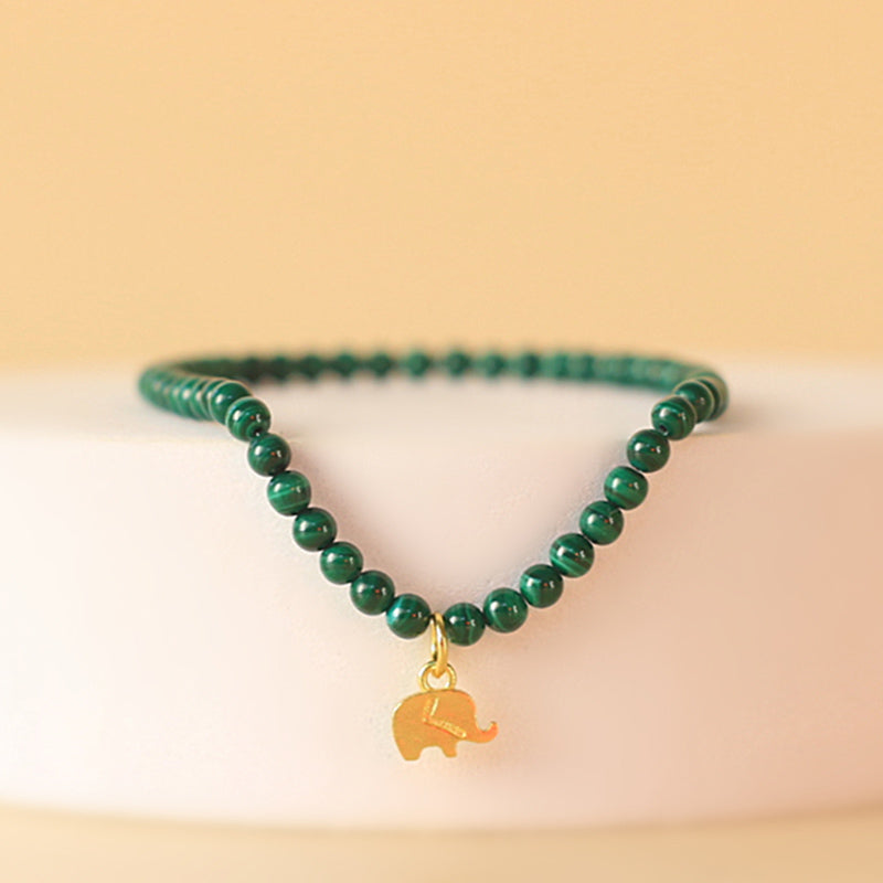Natural Malachite Elephant Charm Bracelet with Adjustable Sizing