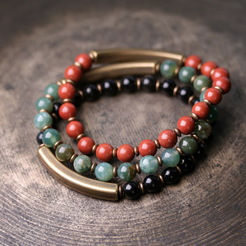Handmade Red Jasper Moss Agate or Black Obsidian Copper Wrap Couple Bracelet