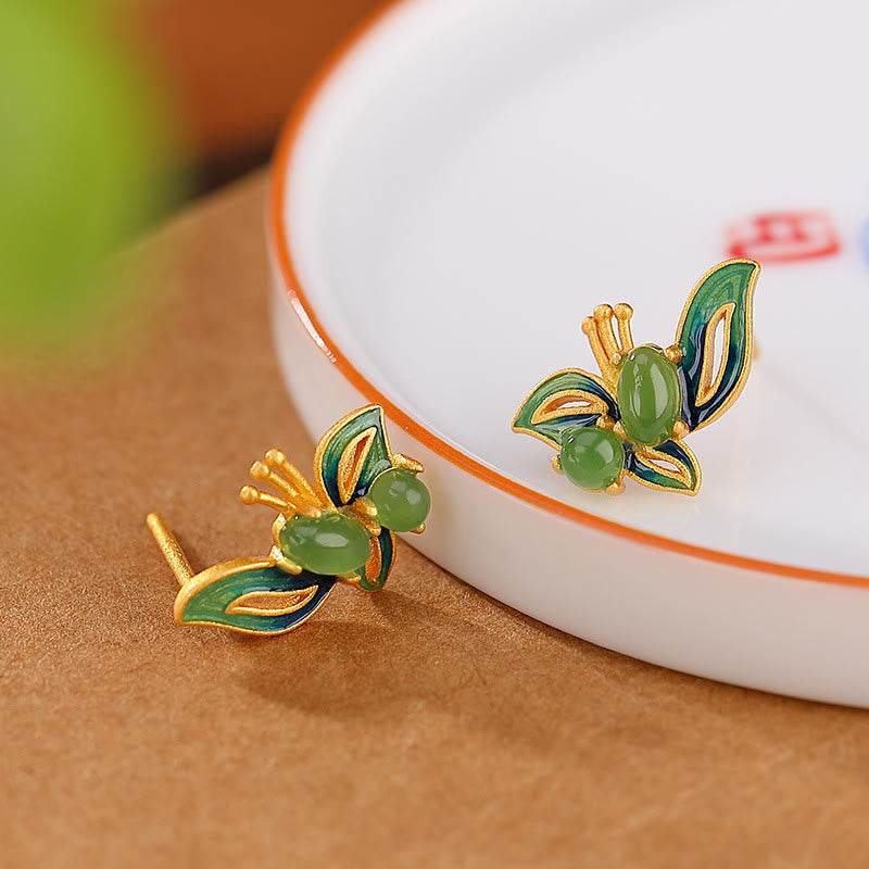 925 Sterling Silver Plated Gold Natural Cyan Jade Butterfly Luck Healing Earrings