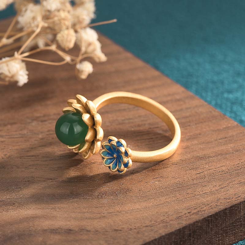Adjustable Hand-Finished Jade Lotus Pattern Ring