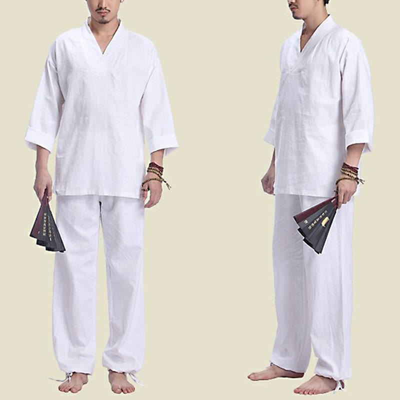 Meditation Prayer V-neck Design Cotton Linen Spiritual Zen Practice Yoga Clothing Men's Set