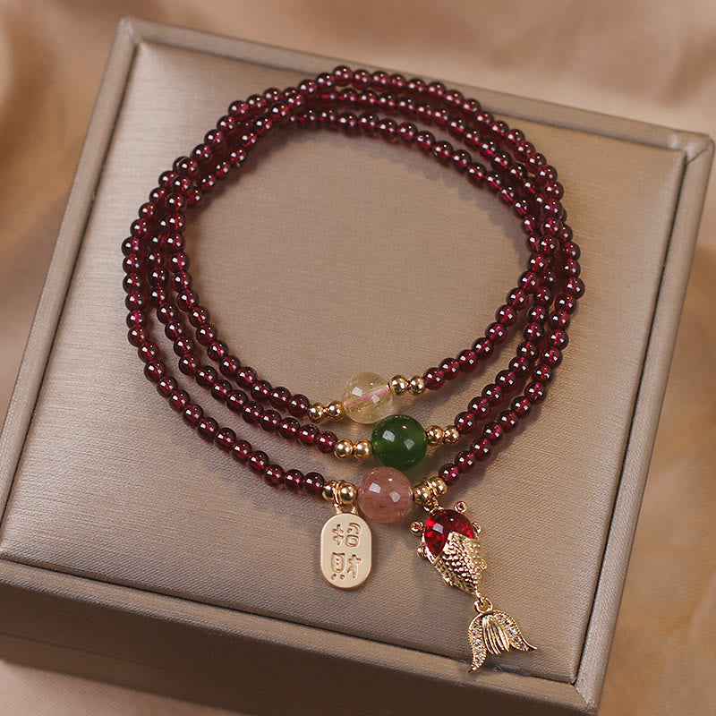 Natural Garnet & Strawberry Quartz Triple Wrap Bracelet with Jade and Citrine Accents