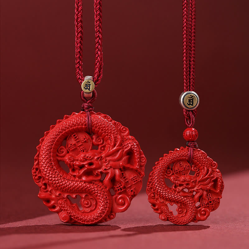 Year of the Dragon 925 Sterling Silver Natural Cinnabar Copper Coin Luck Necklace Pendant