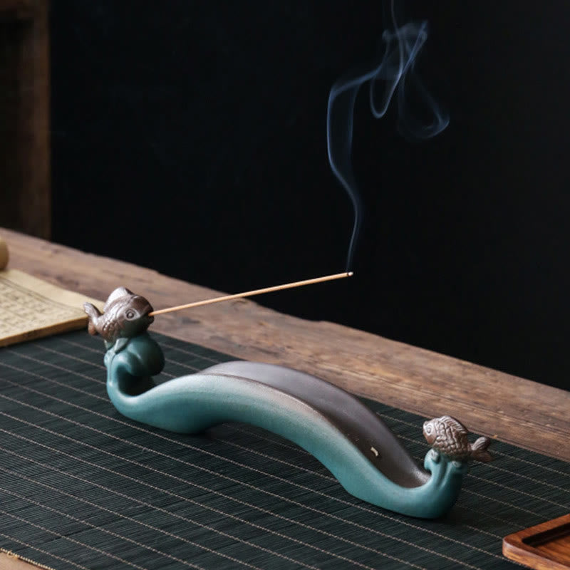 Handcrafted Mountain & Koi Fish Ceramic Stick Incense Burner for Meditation