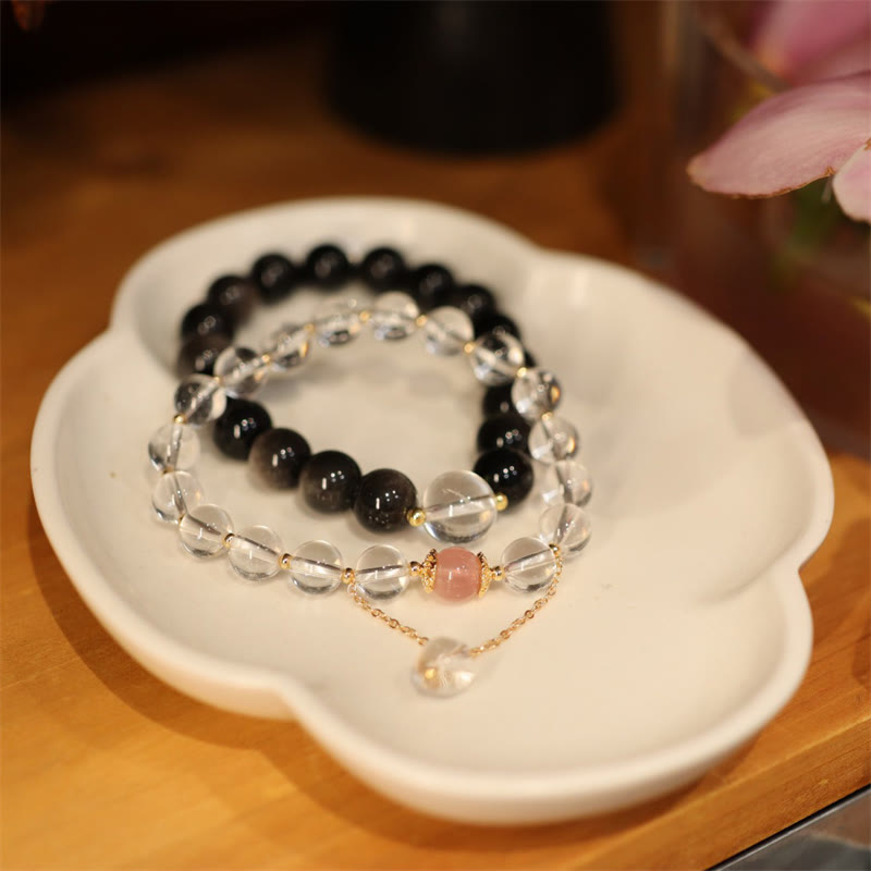 Yin Yang Couple Natural Crystal Bracelet with Silver Sheen Obsidian, Rose Quartz & Gold Accents