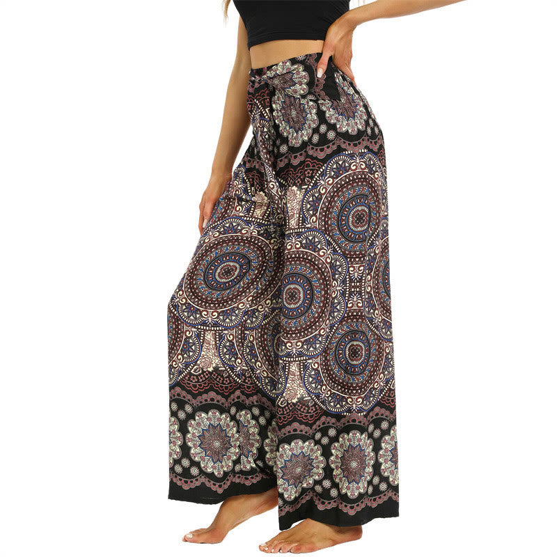 Boho Mandala Print Lace-up Wide Leg Pants Women's Yoga Pants