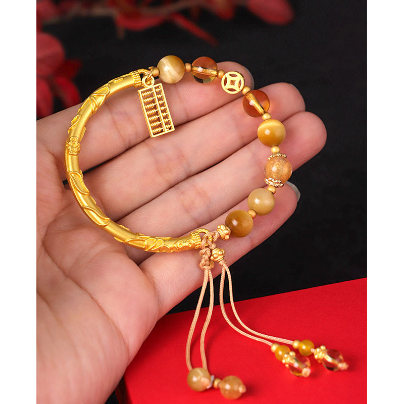 Adjustable Tiger Eye Citrine Clear Quartz Copper Abacus Charm Beaded Bracelet