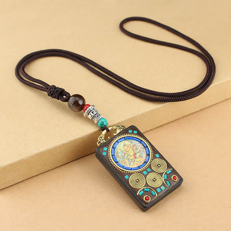 Tibet God of Wealth Thangka Ebony Peace Necklace Pendant