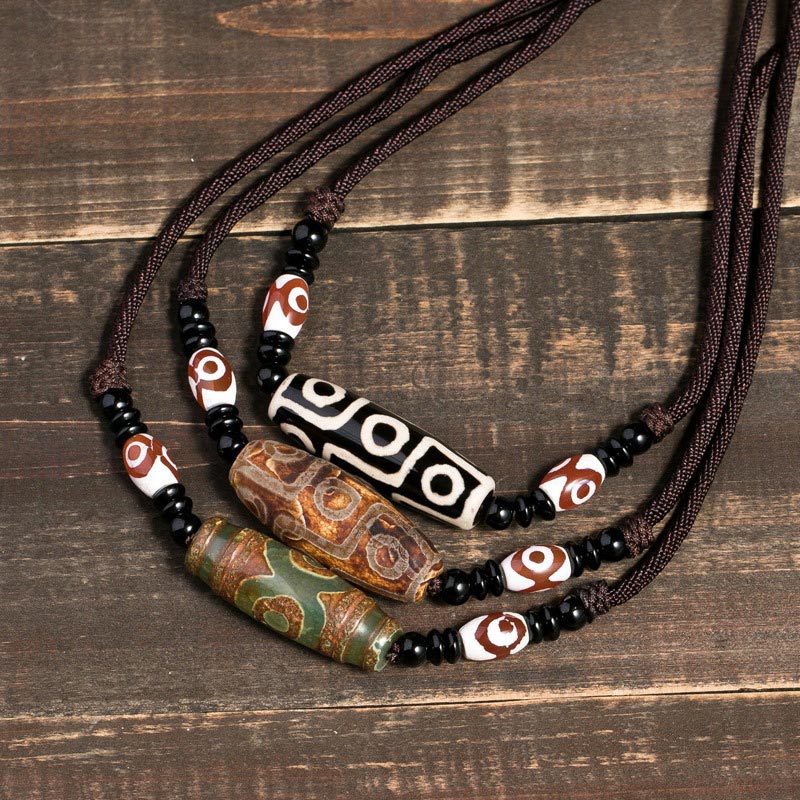 Tibetan Nine-Eye Dzi Bead Protection String Necklace