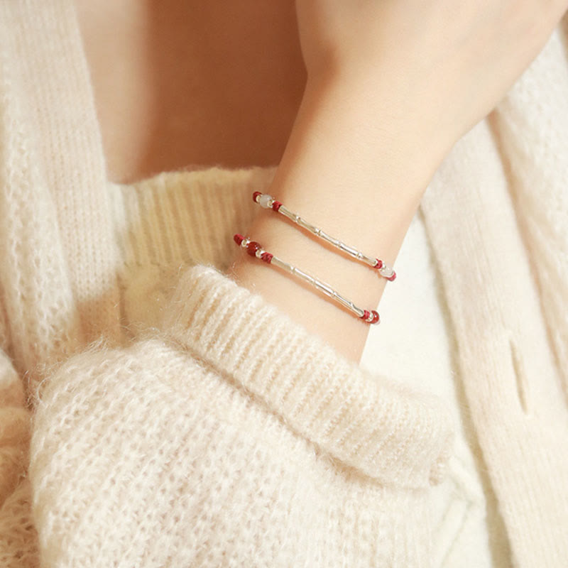 Sterling Silver Bamboo & Agate Bead Braided Red String Bracelet