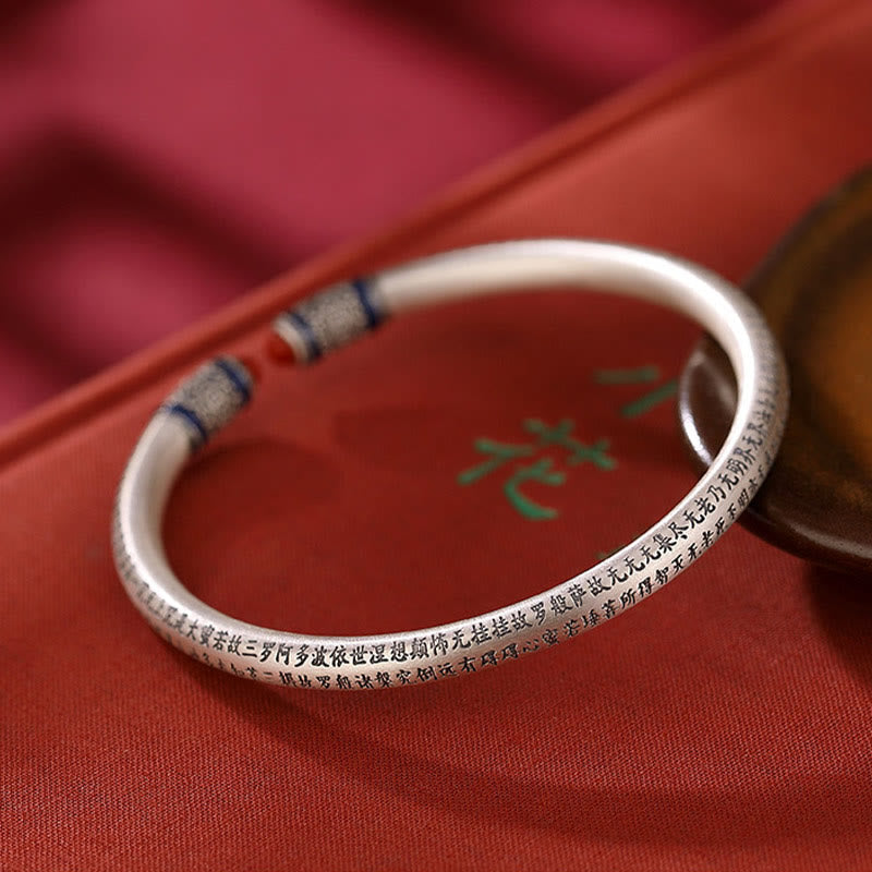 999 Sterling Silver Heart Sutra Engraved Red Agate Protection Bracelet Bangle