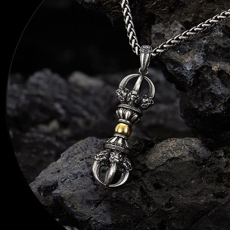 Tibetan Vajra Sterling Silver and Copper Pendant Necklace for Men and Women