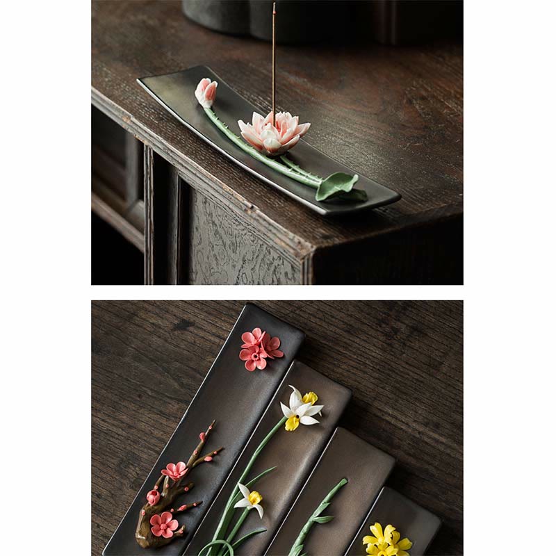 Zeniora Ceramic Incense Burner with Peony & Lotus Motifs for Mindful Ambiance
