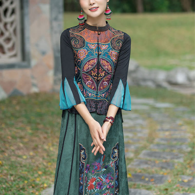 Vintage Style Embroidery Flower Tang Suit Design Sleeveless Vest