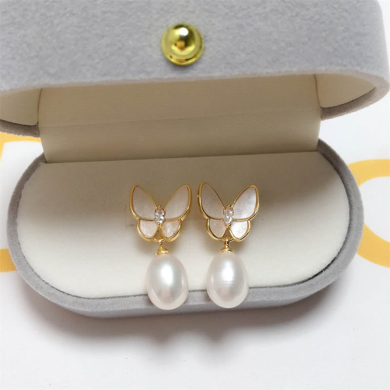 925 Sterling Silver Posts 18K Gold Plated Copper Pearl Butterfly Optimism Stud Earrings