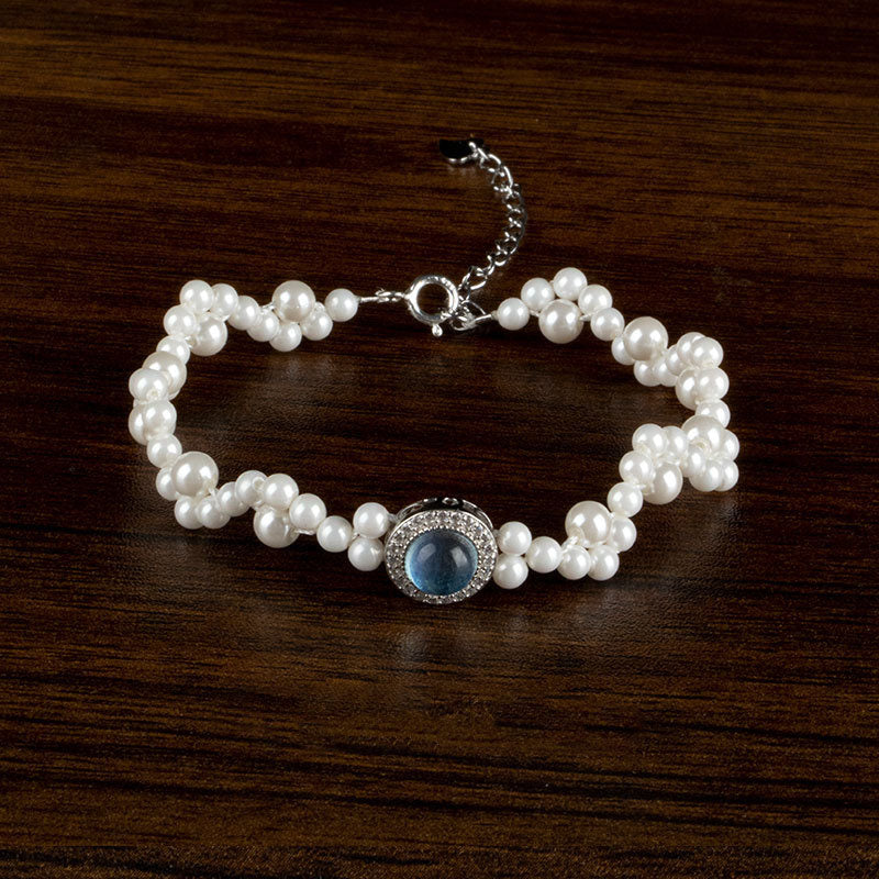 925 Sterling Silver Pearl Blue Chalcedony Healing Chain Bracelet Ring