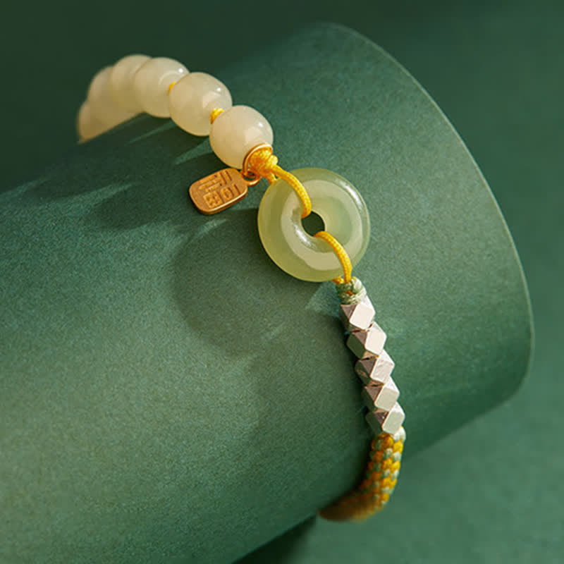 Hand-Woven Hetian Jade Ping An Kou Gold Plated Sterling Silver Beaded Bracelet
