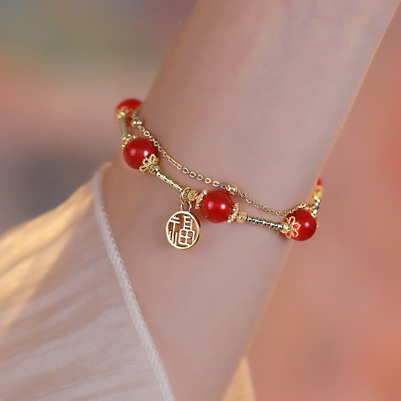 Red Agate and Copper Fu Character Charm Bracelet for Self-Acceptance