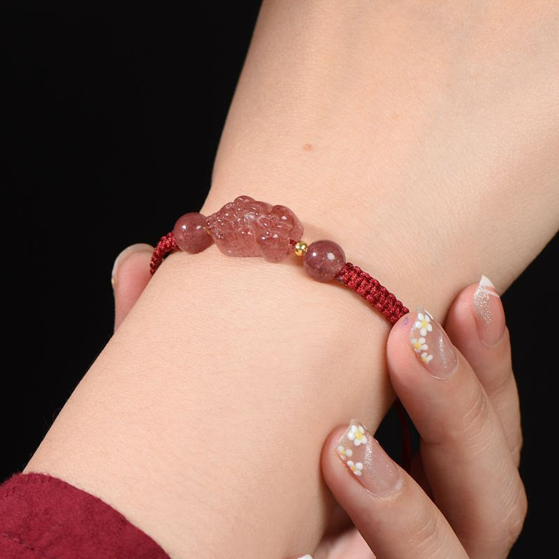 Natural Strawberry Quartz Pixiu Adjustable Red String Bracelet