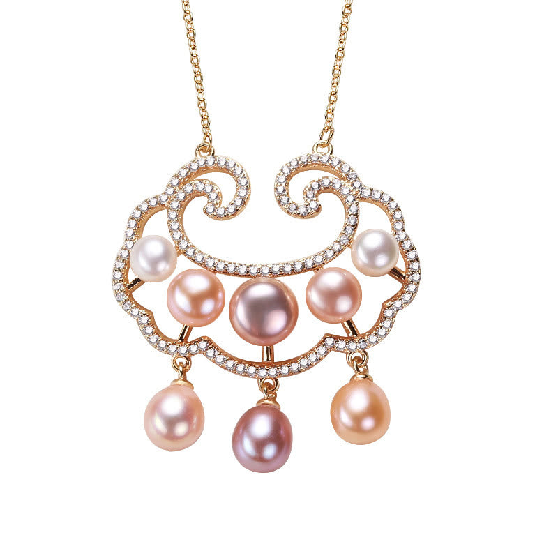 18K Gold Plated Natural Pearl Chinese Lock Charm Sincerity Necklace Pendant