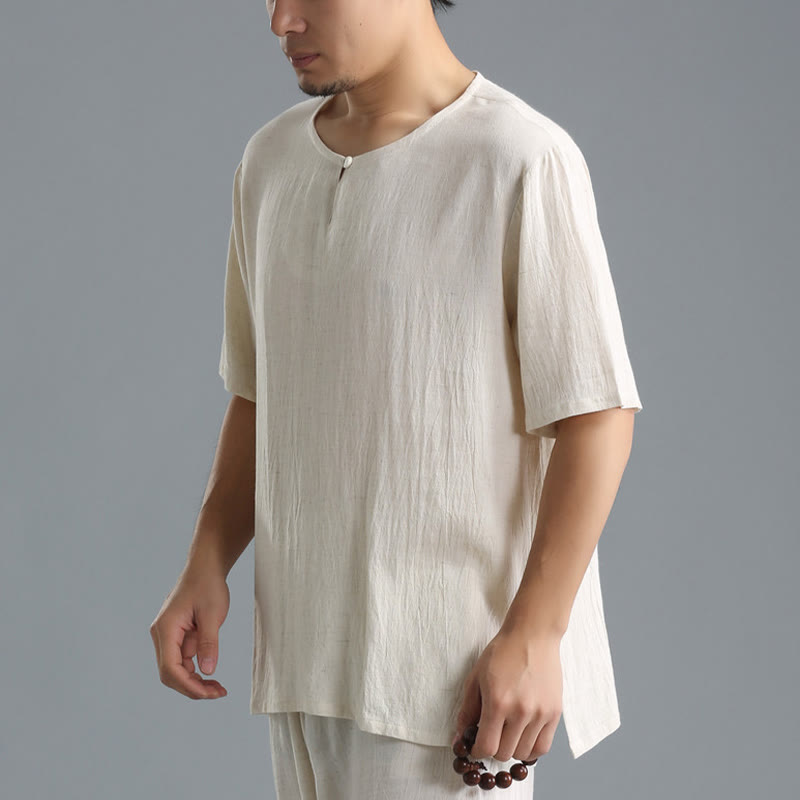 Breathable Cotton-Linen Crew Neck Short Sleeve Meditation Shirt