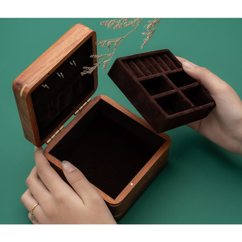 Antique Hand-Carved Rosewood Jewelry Storage Box with Floral Leaf Detail