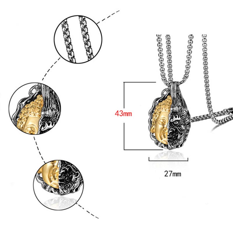 Dualistic Half Buddha Half Devil Titanium Steel Pendant Necklace for Men and Women