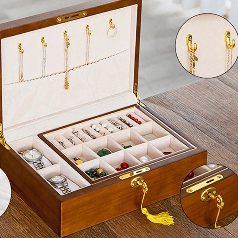 Vintage Wooden Jewelry Box Two-Layer Solid Wood Jewelry Storage Box