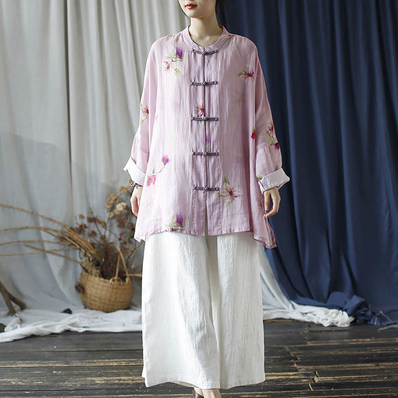 Pink Flower Print Frog-button Design Batwing Long Sleeve Ramie Linen Jacket Shirt