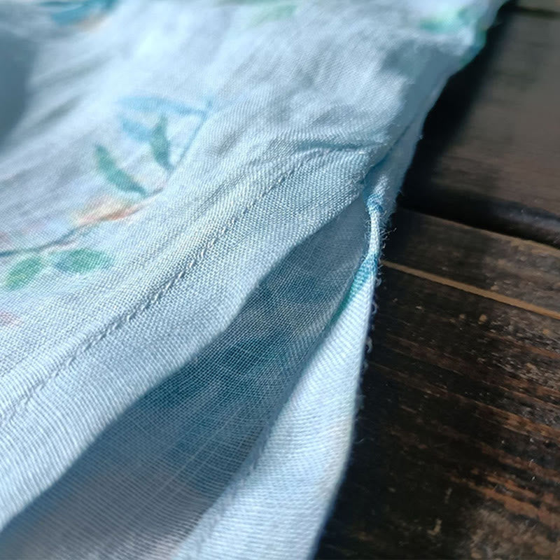 Light Green Pink Flowers Green Leaves Frog-Button Long Sleeve Ramie Linen Jacket Shirt