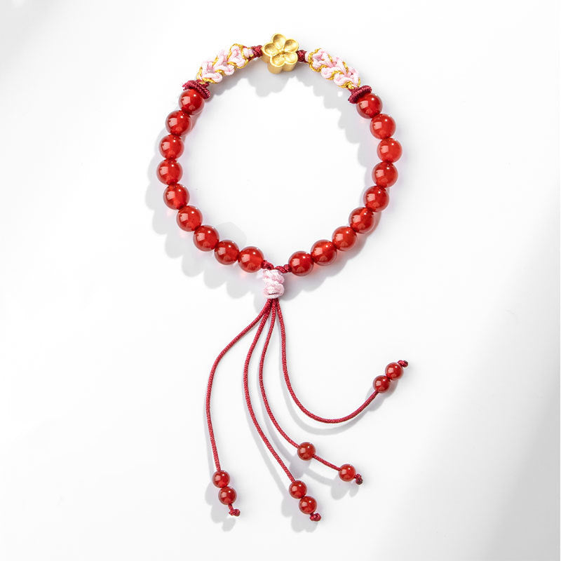 999 Sterling Silver Natural Red Agate Pink Crystal Cherry blossom Bracelet