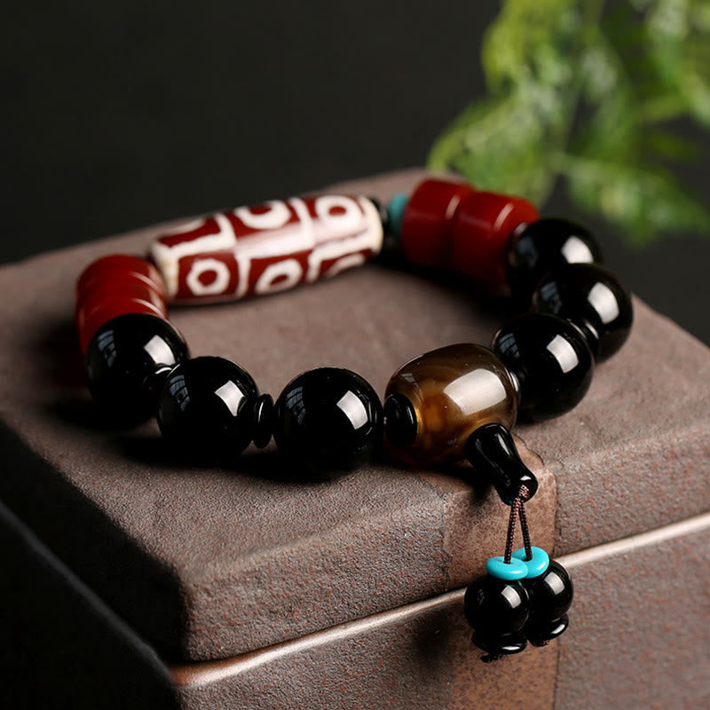 Tibetan Nine-Eye Dzi Bead and Polished Black Onyx Natural Stone Bracelet