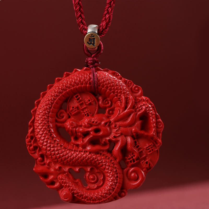 Year of the Dragon 925 Sterling Silver Natural Cinnabar Copper Coin Luck Necklace Pendant