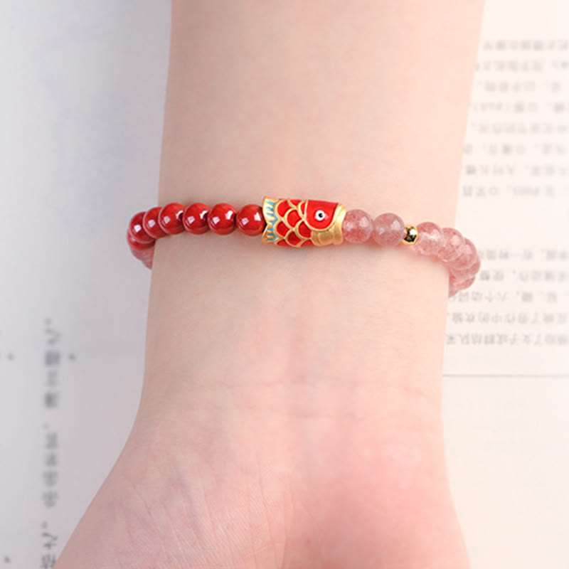 Natural Strawberry Quartz Cinnabar Lucky Koi Fish Healing Bracelet