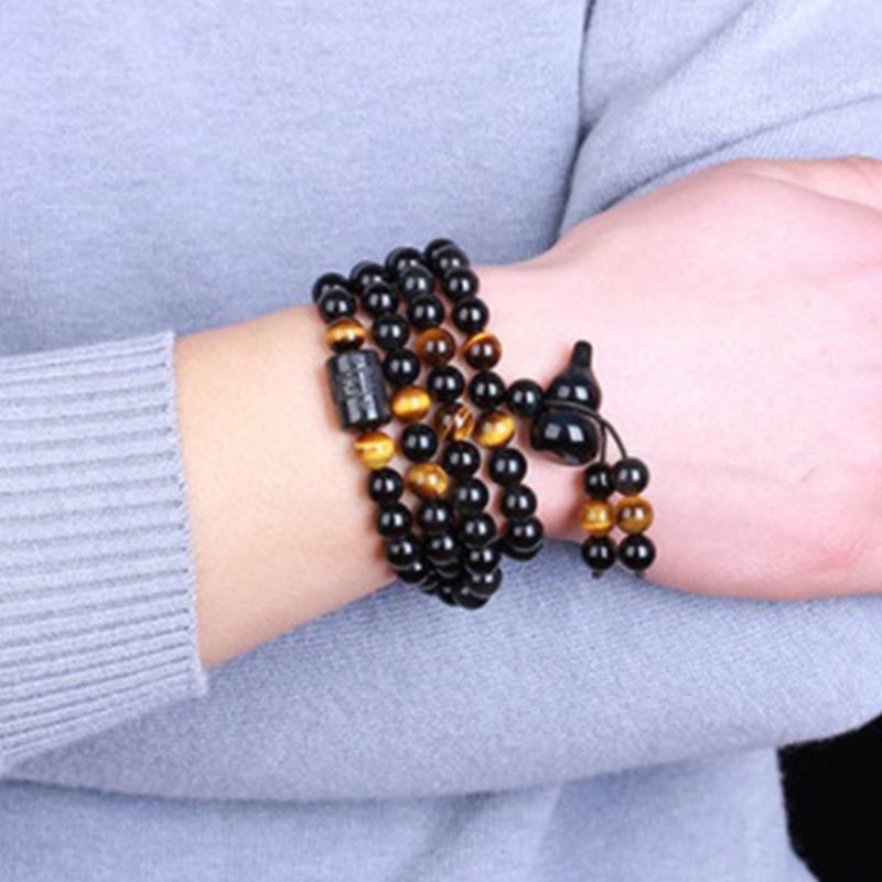 Natural Black Obsidian Rainbow Obsidian Gourd Blessing Bracelet Mala