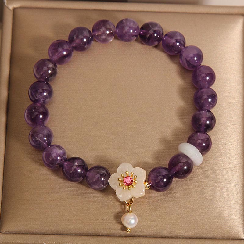 Natural Amethyst, White Agate & Pearl Charm Balance Bracelet (14-17cm)