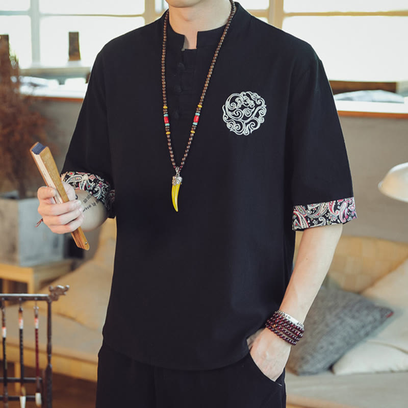 Frog-Button Dragon Embroidery Chinese Tang Suit Short Sleeve Shirt Linen Men Clothing