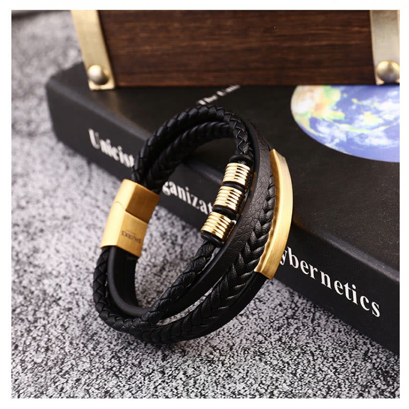 Leather Multi-Layer Titanium Steel Balance Braided Magnetic Buckle Bracelet