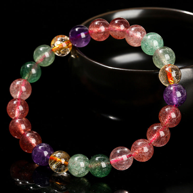 Natural Multicolored Strawberry Quartz Beaded Bracelet for Emotional Well-being