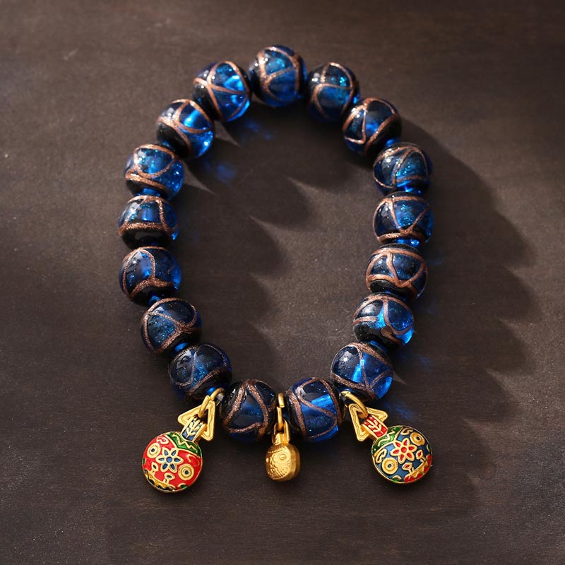 Handcrafted Blue Liuli Glass Bead Bracelet with Gold and Copper Pixiu Focal