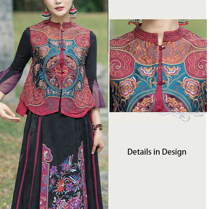 Vintage Style Embroidery Flower Tang Suit Design Sleeveless Vest