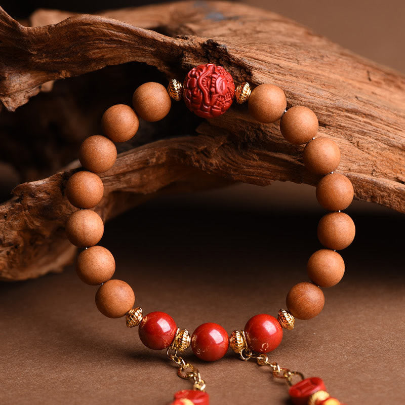 Tibetan Natural Peach Wood and Cinnabar Pixiu Tassel Bracelet