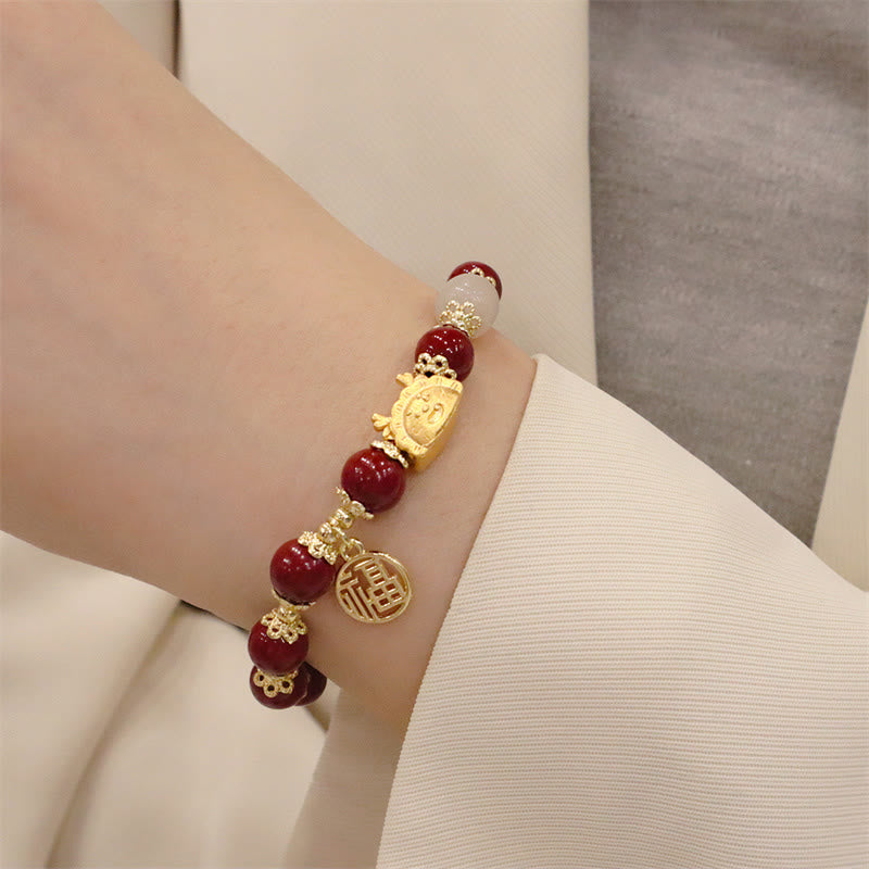 Year Of The Dragon Red Agate Strawberry Quartz Black Obsidian Jade Garnet Pearl Cinnabar Dumpling Dragon Luck Fu Character Bracelet