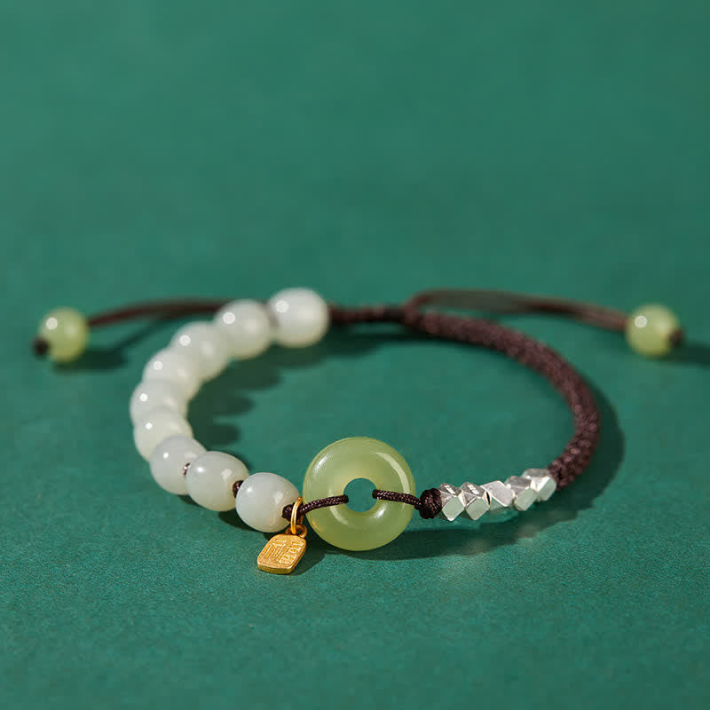 Hand-Woven Hetian Jade Ping An Kou Gold Plated Sterling Silver Beaded Bracelet