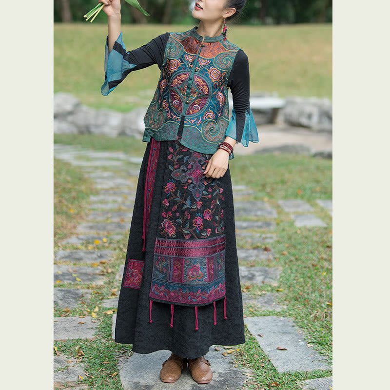 Vintage Style Embroidery Flower Tang Suit Design Sleeveless Vest